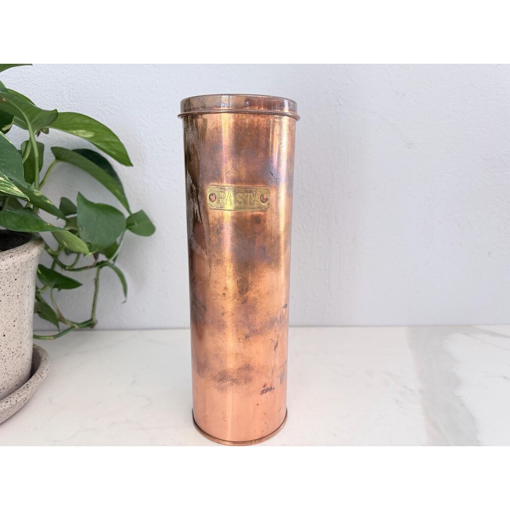 Vintage Hammered Copper Pasta Container & Lid Brass Pasta Sign - Made in Korea